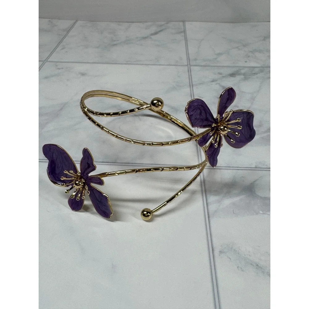 Purple Enamel Floral Double-Ended Gold Tone Arm Cuff Bangle For Women New